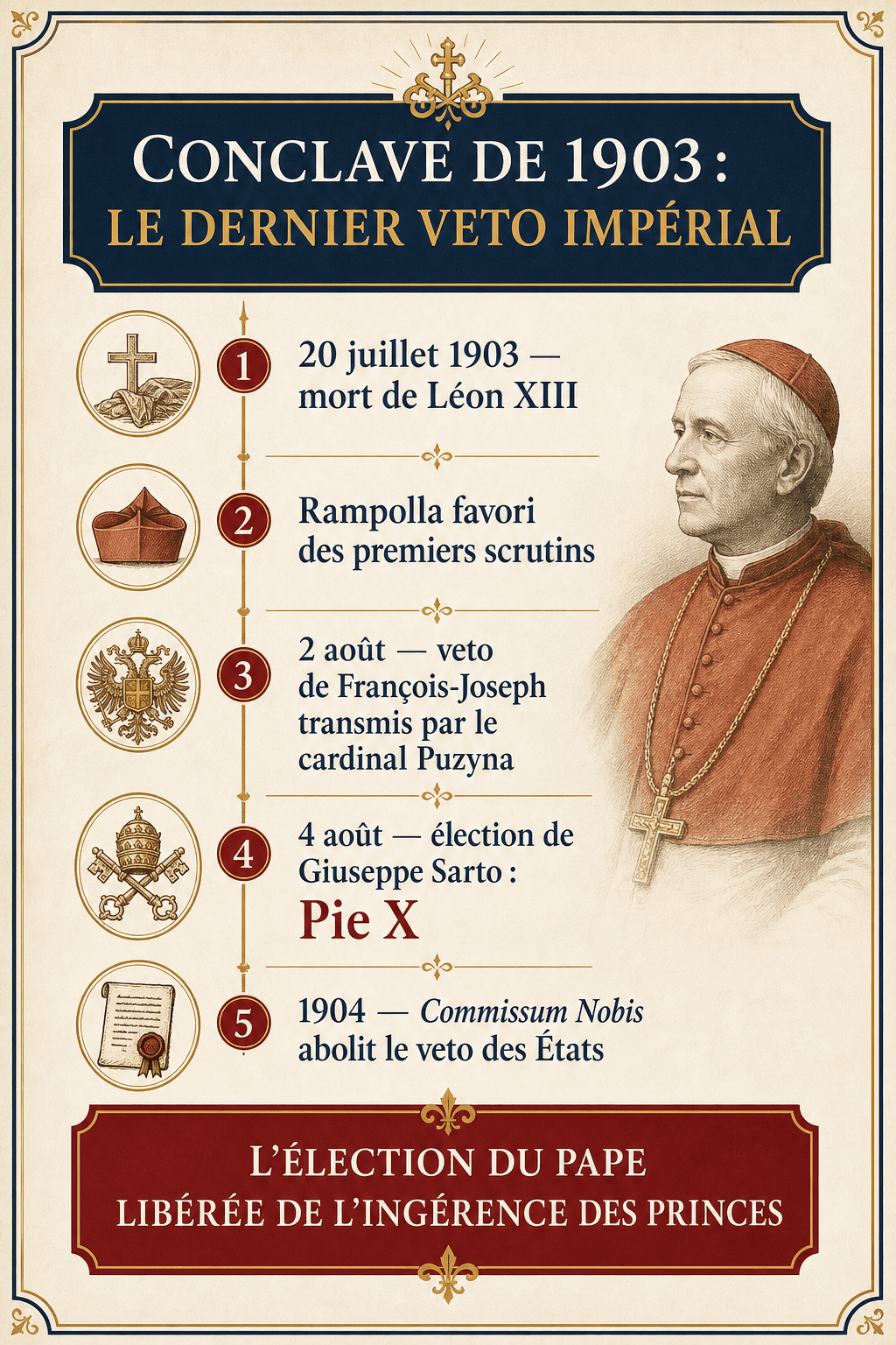 Infographie sur le conclave de 1903 : mort de Léon XIII, favori Rampolla, veto autrichien, élection de Sarto, abolition du veto