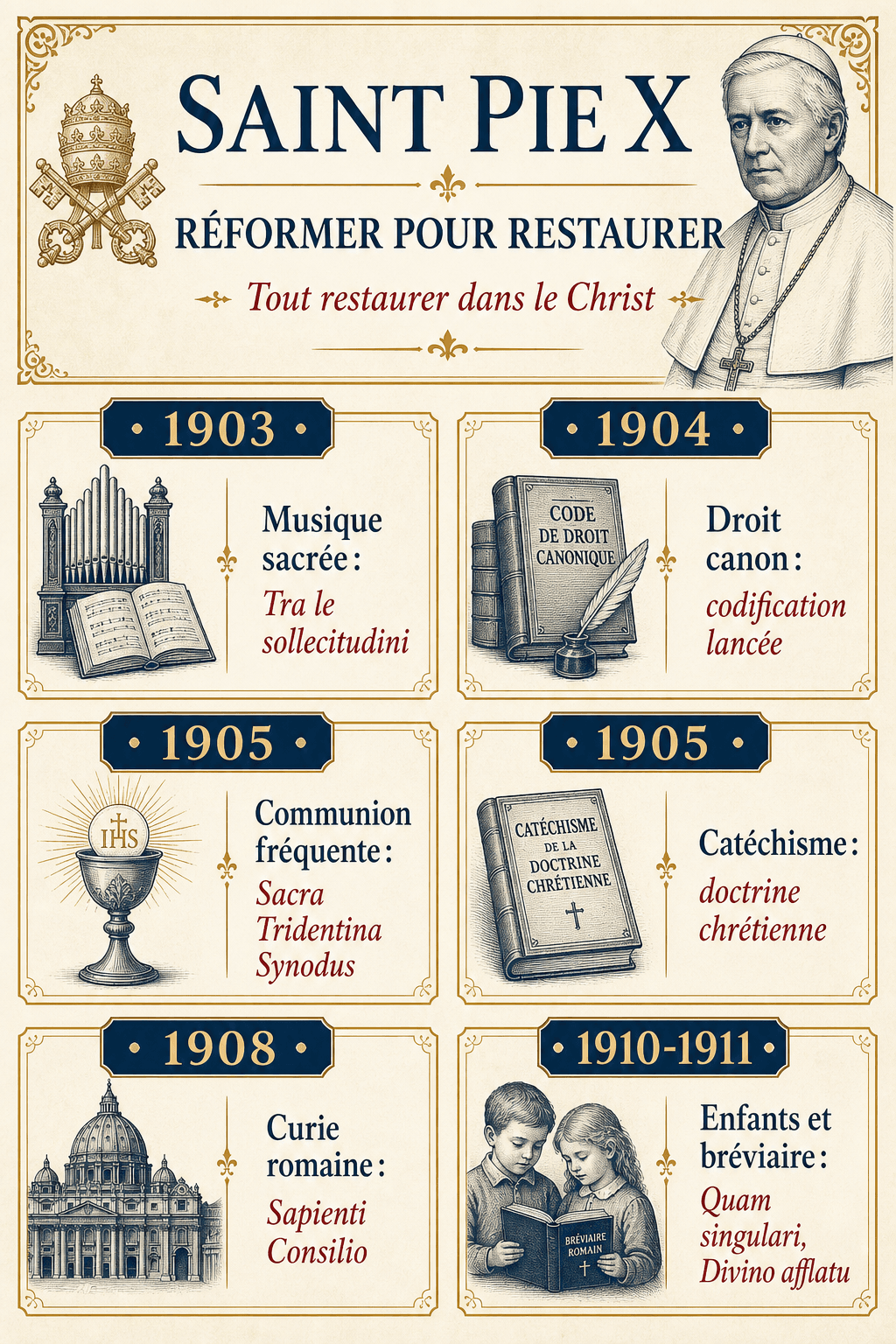 Infographie sur les grandes réformes de saint Pie X : musique sacrée, droit canon, communion fréquente, catéchisme, Curie et bréviaire