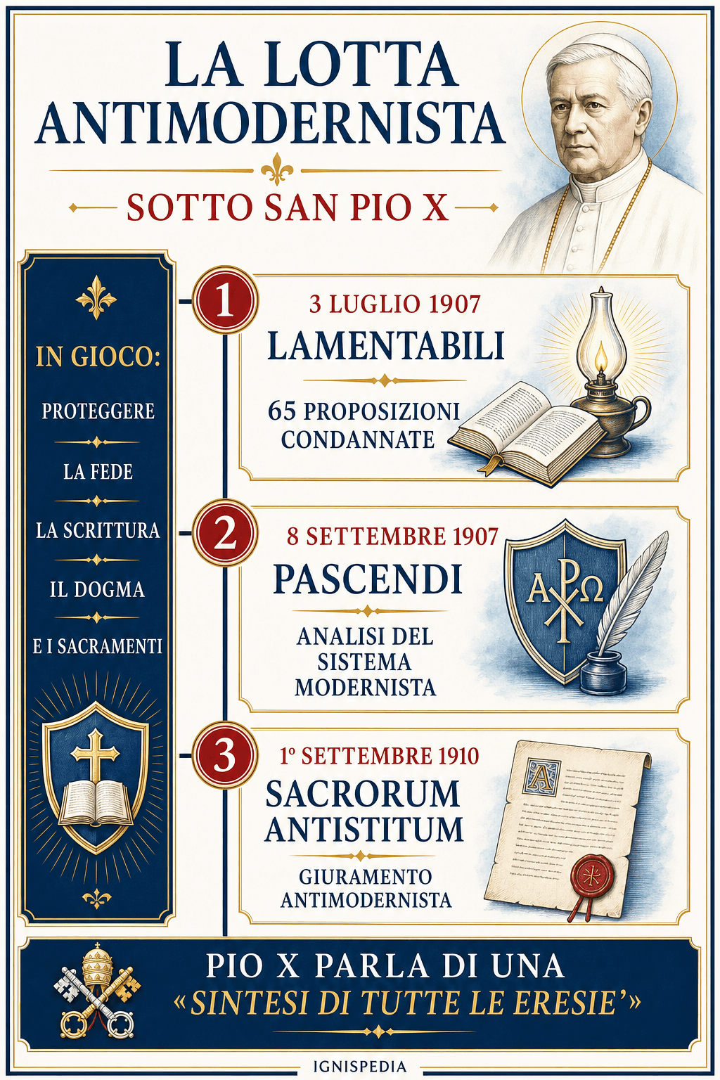 Infografica sulla lotta antimodernista di san Pio X: Lamentabili, Pascendi e Sacrorum antistitum