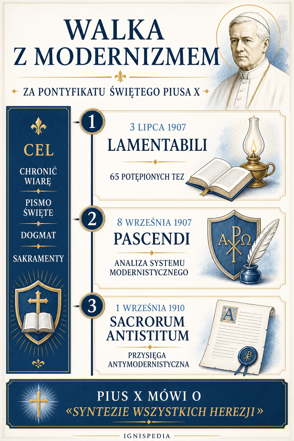 Infografika o walce antymodernistycznej św. Piusa X: Lamentabili, Pascendi i Sacrorum antistitum