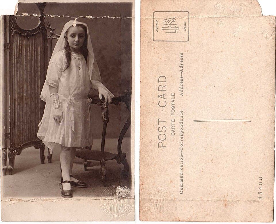 Włoskie zdjęcie dziecka w dniu pierwszej Komunii około 1910 roku