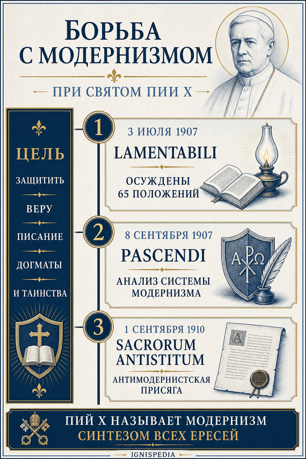 Инфографика о борьбе с модернизмом святого Пия X: Lamentabili, Pascendi и Sacrorum antistitum