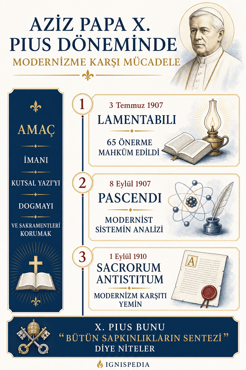 Aziz X. Pius’un modernizm karşıtı mücadelesine dair infografik: Lamentabili, Pascendi ve Sacrorum antistitum