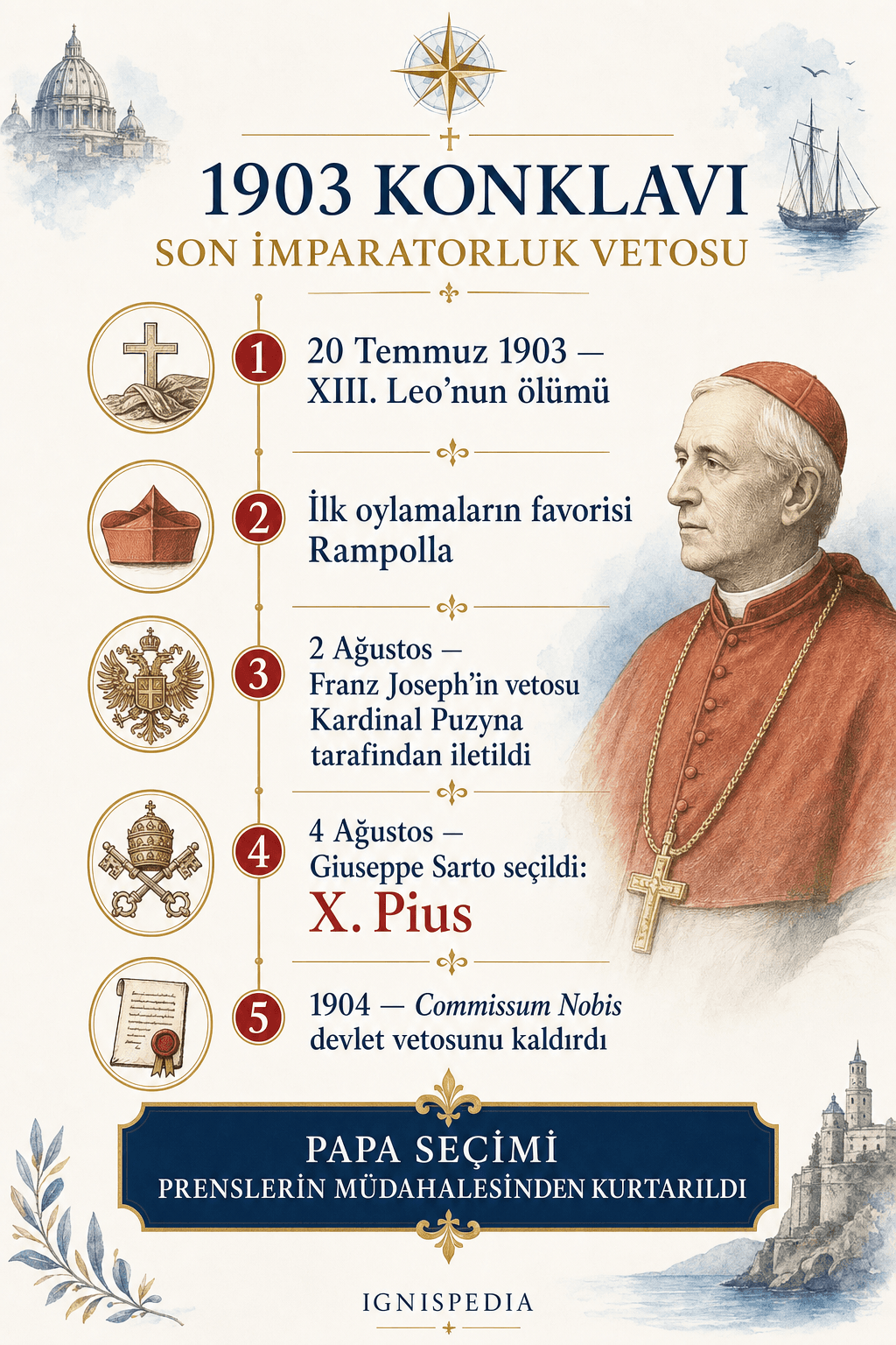 1903 konklavı infografisi: XIII. Leo’nun ölümü, favori Rampolla, Avusturya vetosu, Sarto’nun seçilmesi, veto hakkının kaldırılması