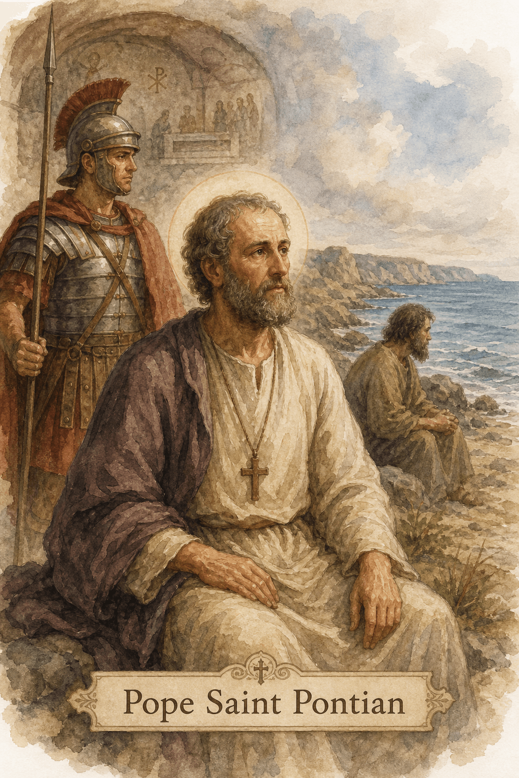 Watercolor illustration of Saint Pontian in exile on the Sardinian coast, with a discreet allusion to Hippolytus and the Catacomb of Callixtus