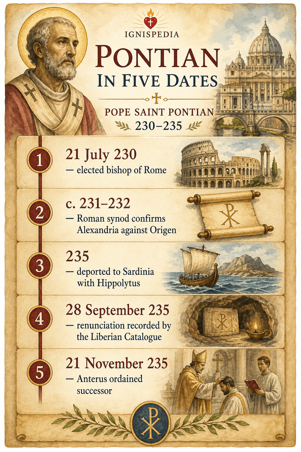 Infographic Pontian in five dates: election in 230, synod against Origen, deportation to Sardinia, renunciation on 28 September 235, and ordination of Anterus