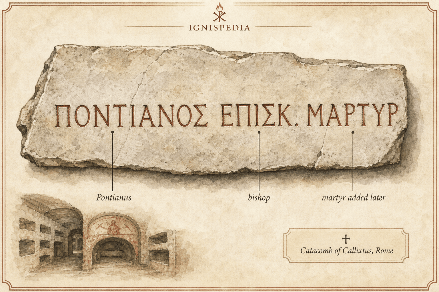 Watercolor facsimile of Pontian's Greek epitaph bearing Pontianos episkopos martyr