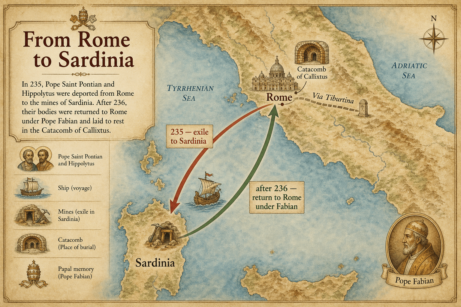 Historical map from Rome to Sardinia showing the exile of Pontian and Hippolytus, then the return of the bodies to Rome under Fabian