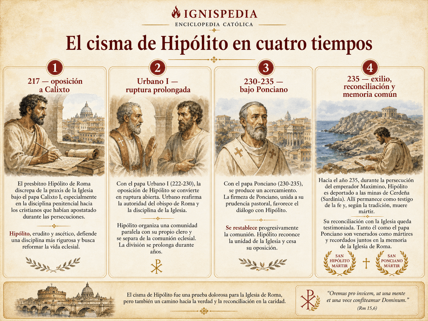 Infografía sobre el cisma de Hipólito en cuatro tiempos, desde la contestación a Calixto hasta la memoria común del 13 de agosto