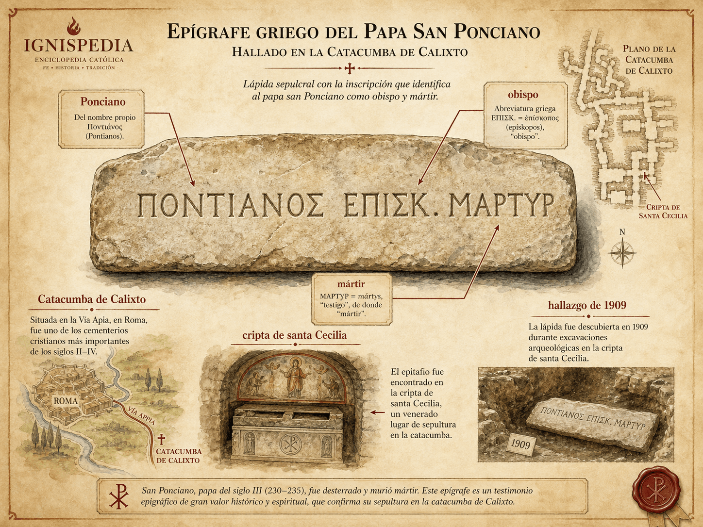 Facsímil en acuarela del epitafio griego de Ponciano con la inscripción Pontianos episkopos martyr