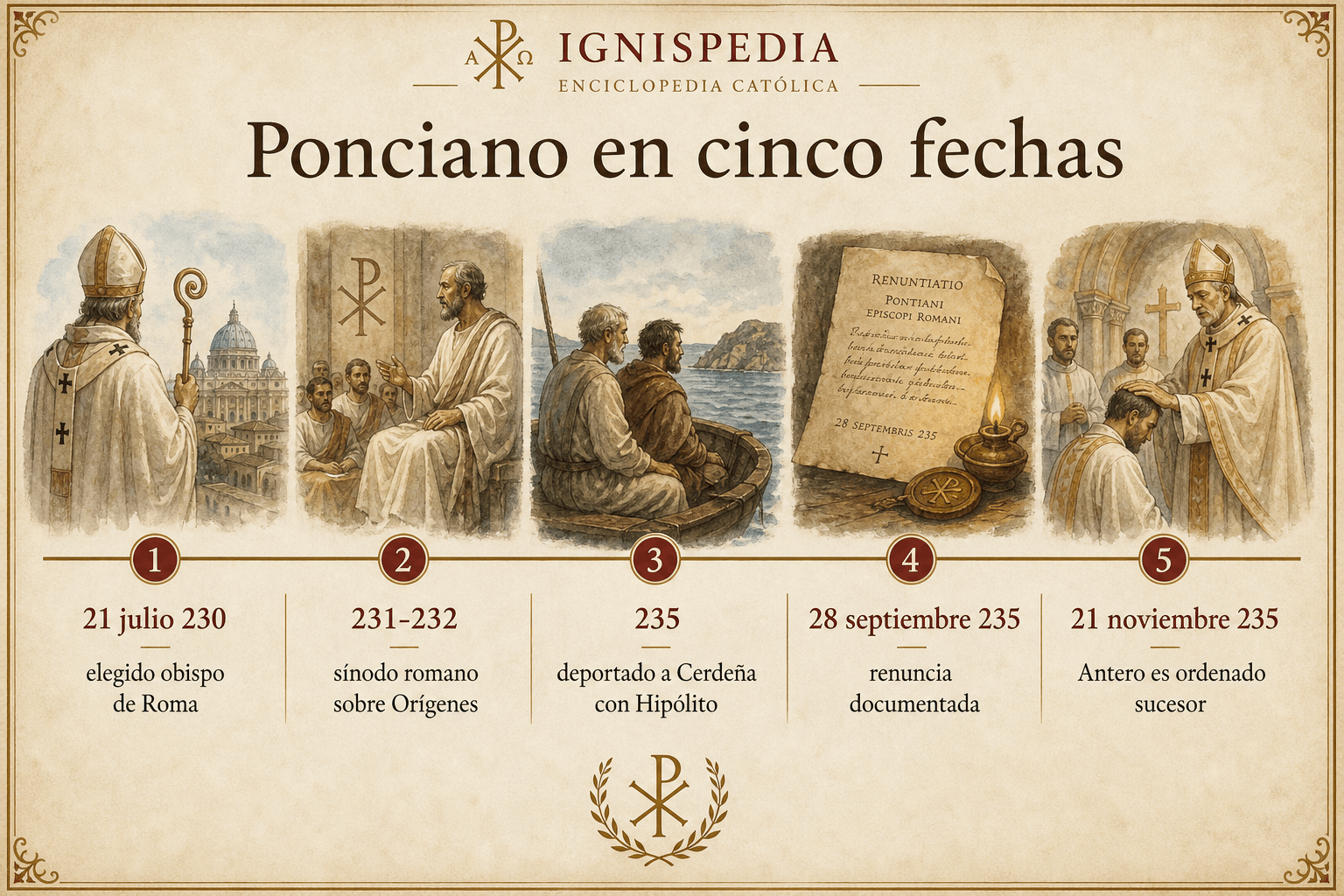 Infografía Ponciano en cinco fechas: elección en 230, sínodo contra Orígenes, deportación a Cerdeña, renuncia del 28 de septiembre de 235 y ordenación de Antero