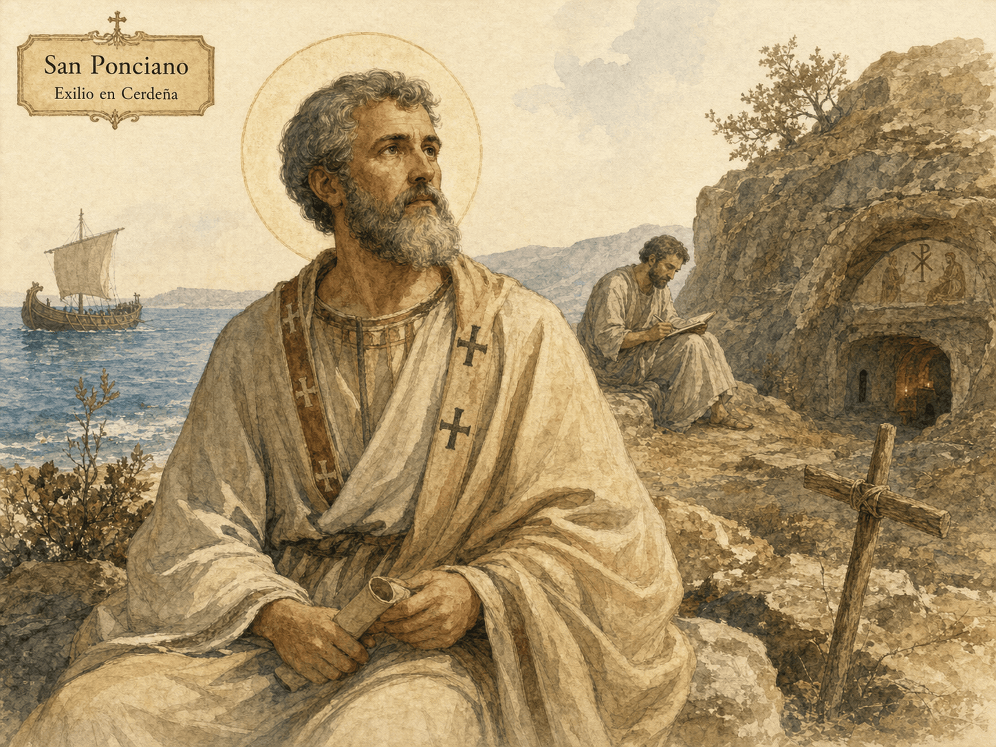 Ilustración en acuarela de san Ponciano en el exilio en la costa sarda, con una alusión discreta a Hipólito y a la catacumba de Calixto