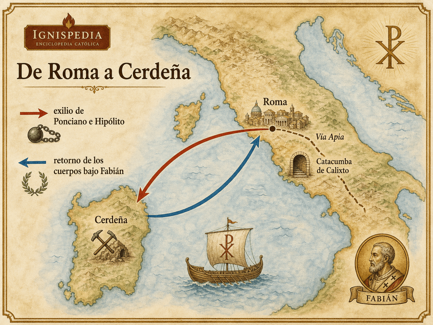 Mapa histórico de Roma a Cerdeña que muestra el exilio de Ponciano e Hipólito y el retorno de los cuerpos a Roma bajo Fabián