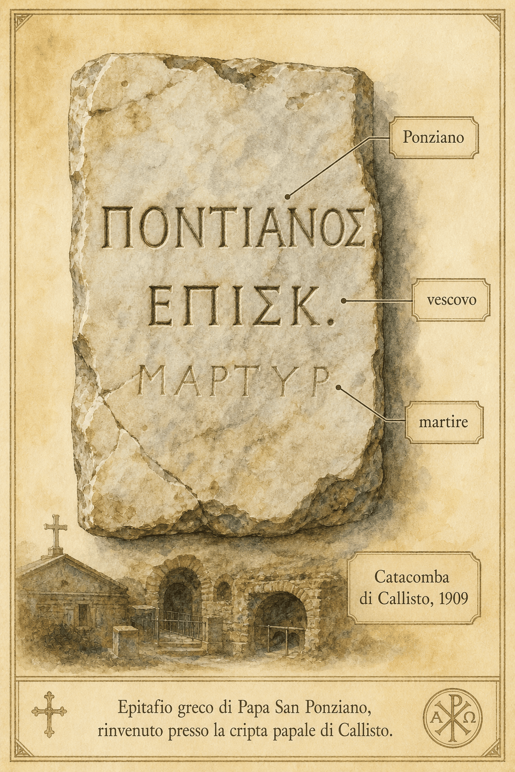 Facsimile acquerellato dell’epigrafe greca di Ponziano con Ponzianos episkopos martyr