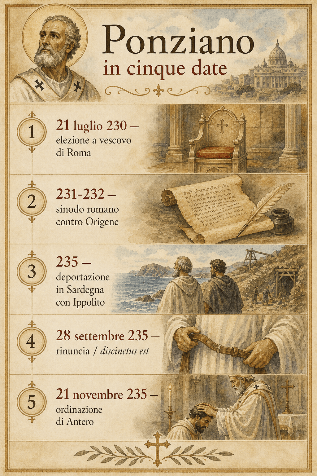 Infografica Ponziano in cinque date: elezione nel 230, sinodo contro Origene, deportazione in Sardegna, rinuncia del 28 settembre 235 e ordinazione di Antero