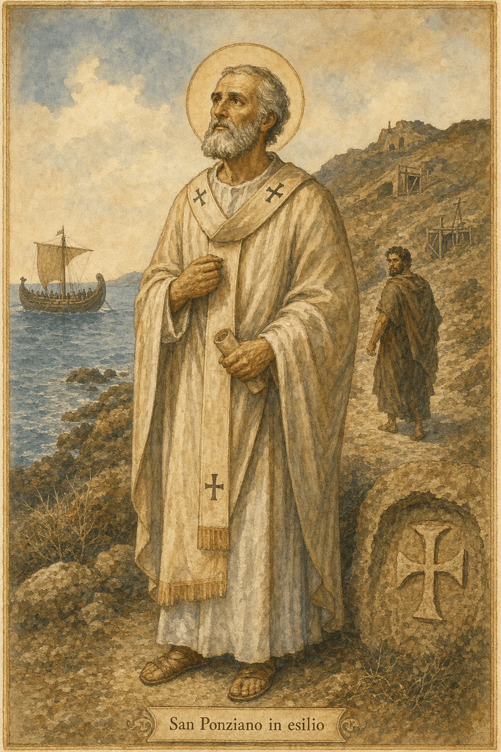 Illustrazione ad acquerello di san Ponziano in esilio sulla costa sarda, con un'allusione discreta a Ippolito e alle catacombe di Callisto