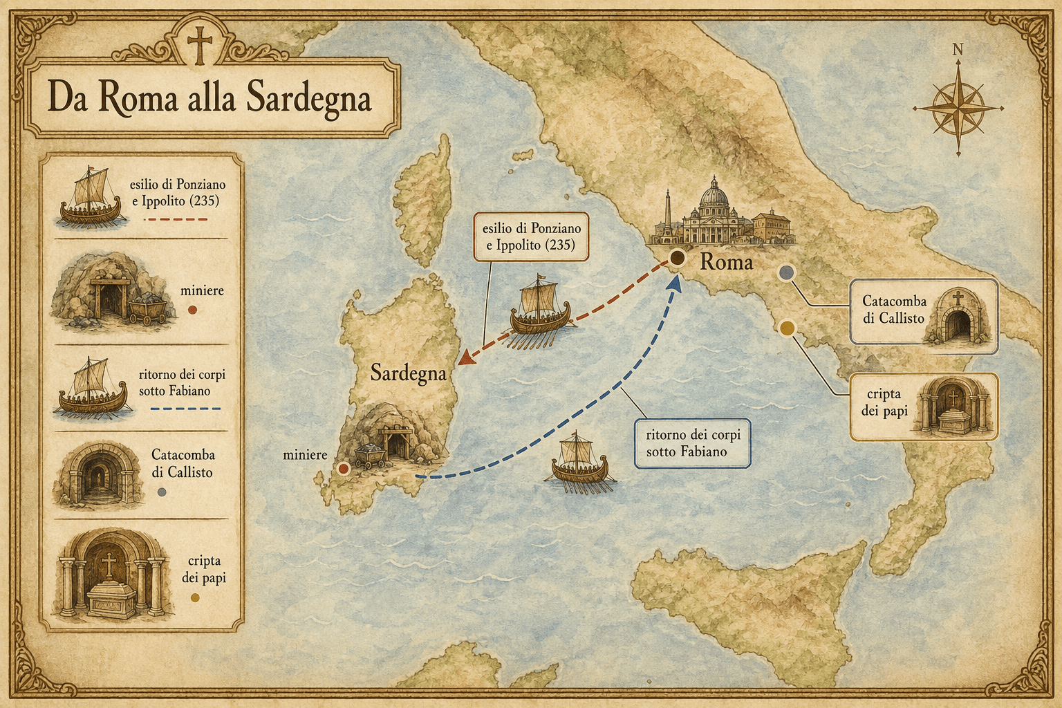 Carta storica da Roma alla Sardegna che mostra l’esilio di Ponziano e Ippolito, poi il ritorno dei corpi a Roma sotto Fabiano