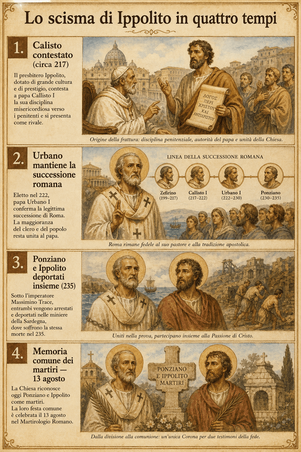 Infografica sullo scisma di Ippolito in quattro fasi, dalla contestazione di Callisto alla memoria comune del 13 agosto