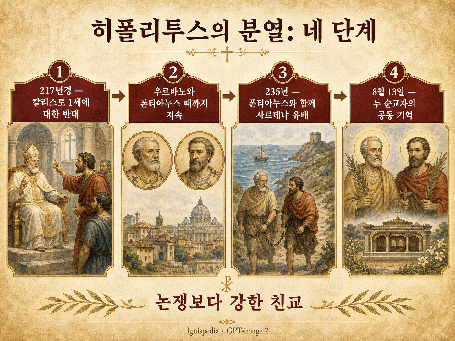 칼릭스투스에 대한 반발부터 8월 13일의 공동 기억까지, 네 단계로 본 히폴리투스 분열 인포그래픽