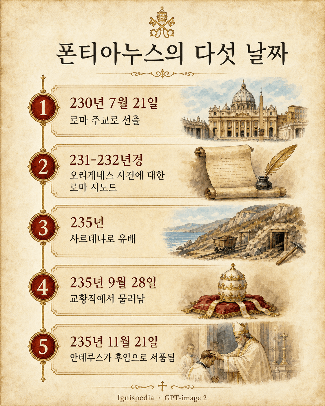 폰티아누스의 다섯 가지 주요 연대: 230년 선출, 오리겐 반대 시노드, 사르데냐 유배, 235년 9월 28일 사임, 안테루스 서품