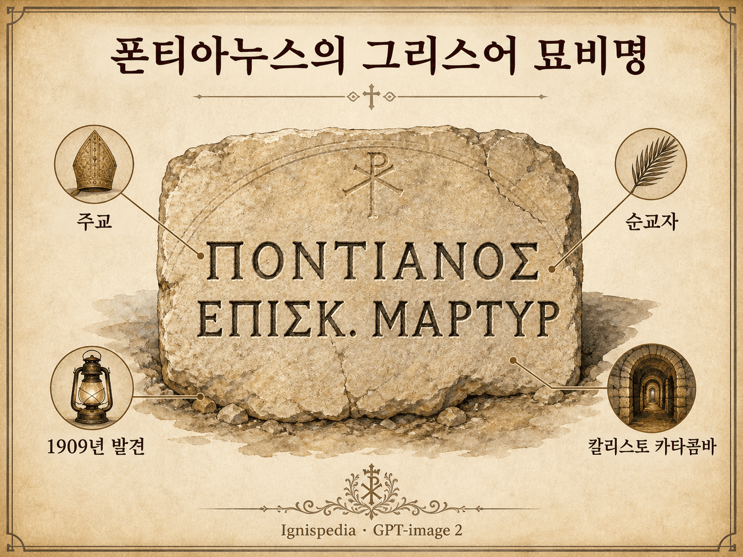 폰티아누스의 그리스어 묘비명 원본 수채화 모사본, Pontianos episkopos martyr 명기