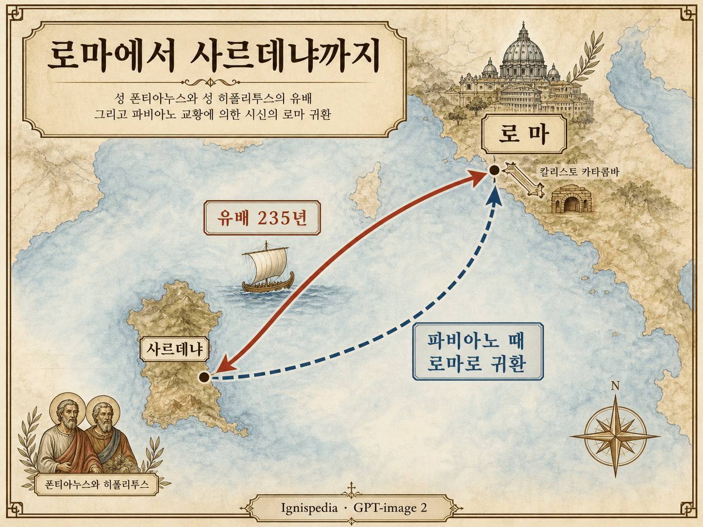 폰티아누스와 히폴리투스의 유배지인 로마에서 사르데냐까지의 역사적 지도, 그리고 파비아누스 치하에서 유해가 로마로 돌아오는 경로