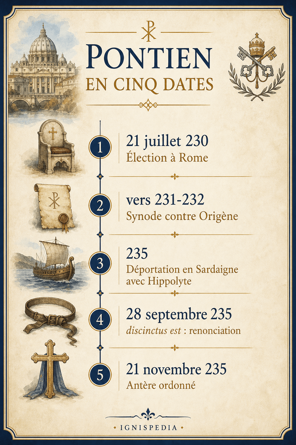 Infographie Pontien en cinq dates : élection en 230, synode contre Origène (attribution discutée), déportation en Sardaigne, renonciation du 28 septembre 235 et ordination d'Antère