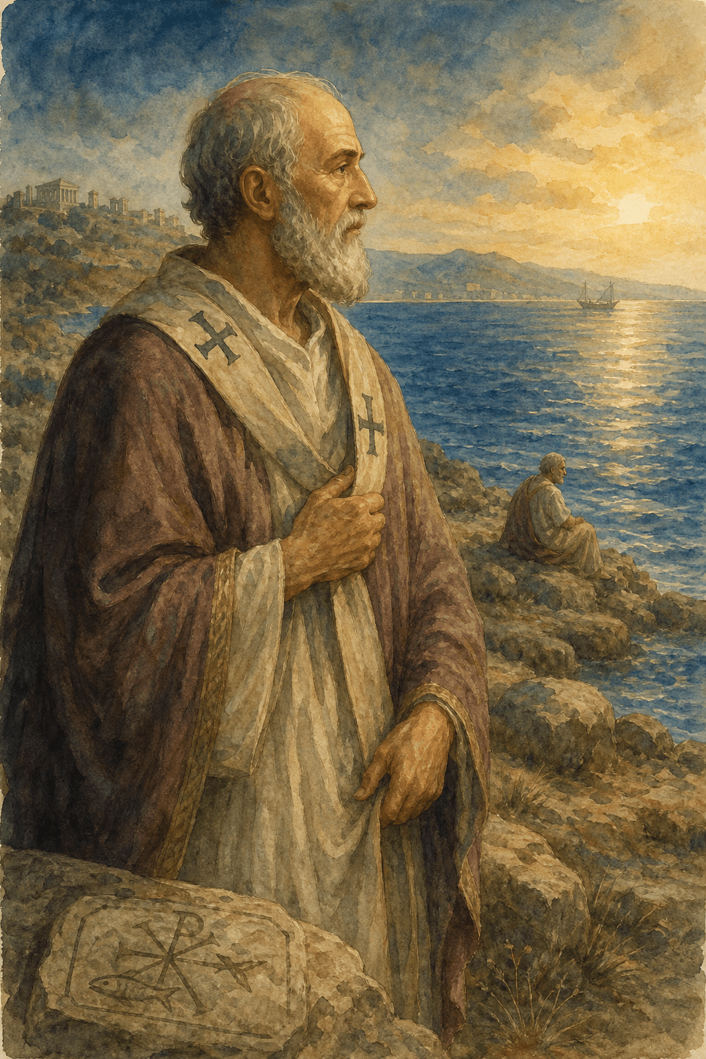 Illustration aquarelle de saint Pontien en exil sur la côte sarde, avec une allusion discrète à Hippolyte et aux catacombes de Calixte