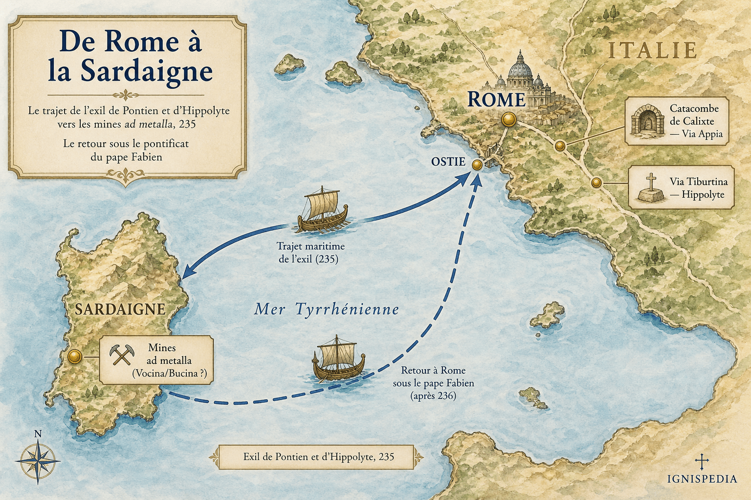 Carte historique de Rome à la Sardaigne montrant l'exil de Pontien et d'Hippolyte, puis le retour des corps vers Rome sous Fabien