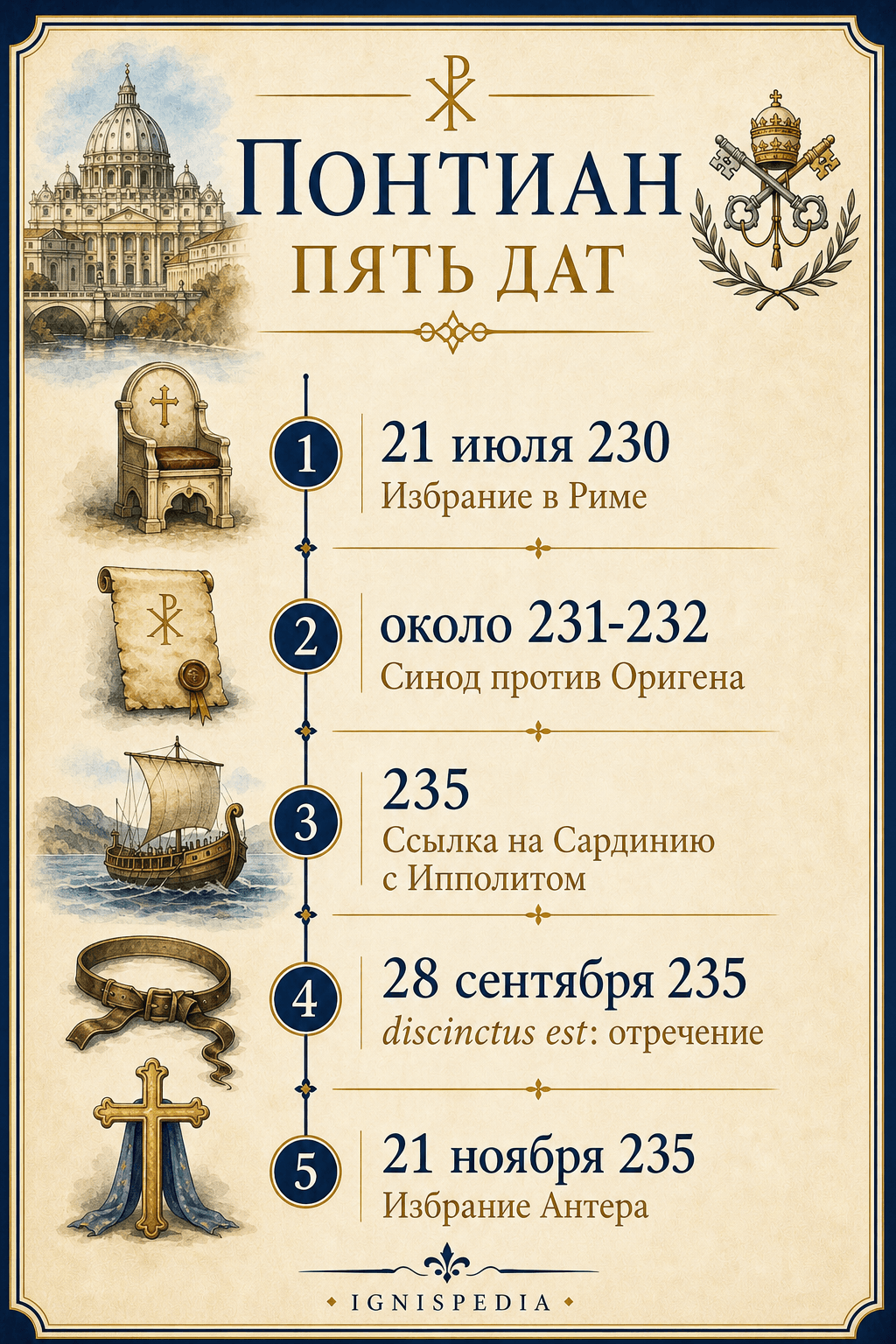 Инфографика Понтий в пяти датах: избрание в 230, синод против Оригена, ссылка на Сардинию, отречение 28 сентября 235 и рукоположение Антера