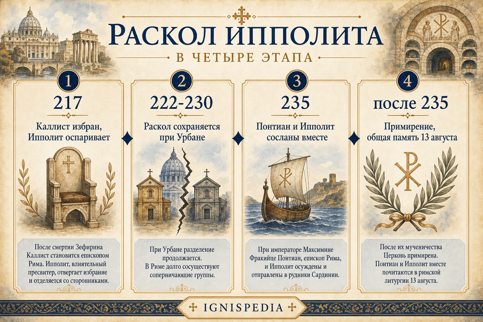 Инфографика о расколе Гипполита в четыре этапа: от оппозиции Каликсту до общей памяти 13 августа