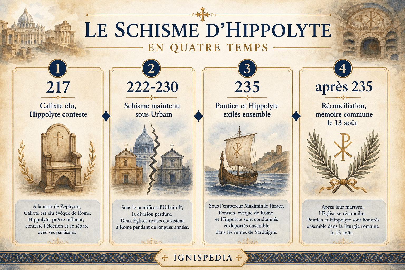 Infographie sur le schisme d'Hippolyte en quatre temps, de la contestation de Calixte à la mémoire commune du 13 août
