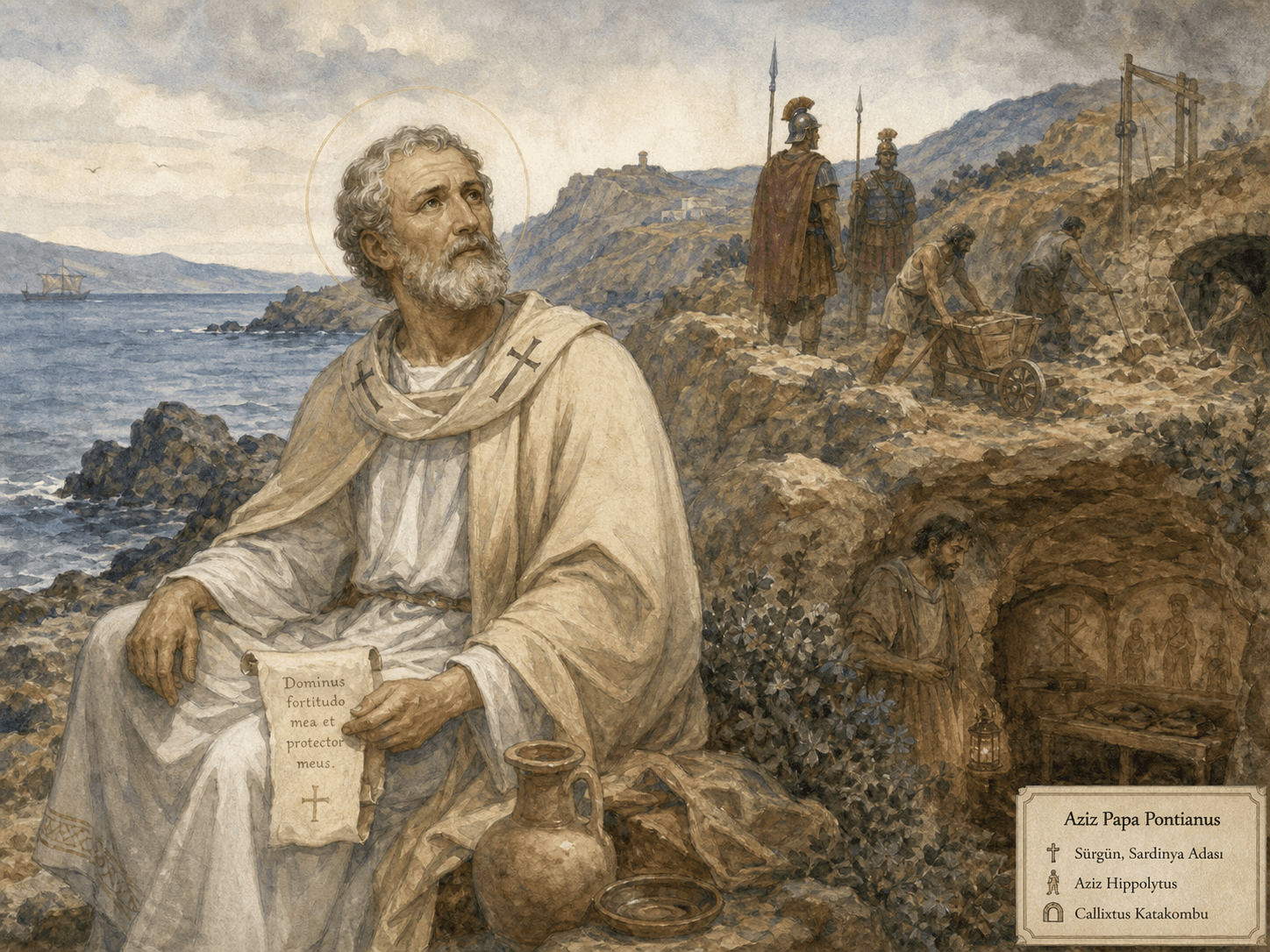 Aziz Pontianus'un Sardinya kıyısında sürgündeki suluboya resmi, Hippolytus ve Callixtus Katakombu'larına ince bir gönderme ile