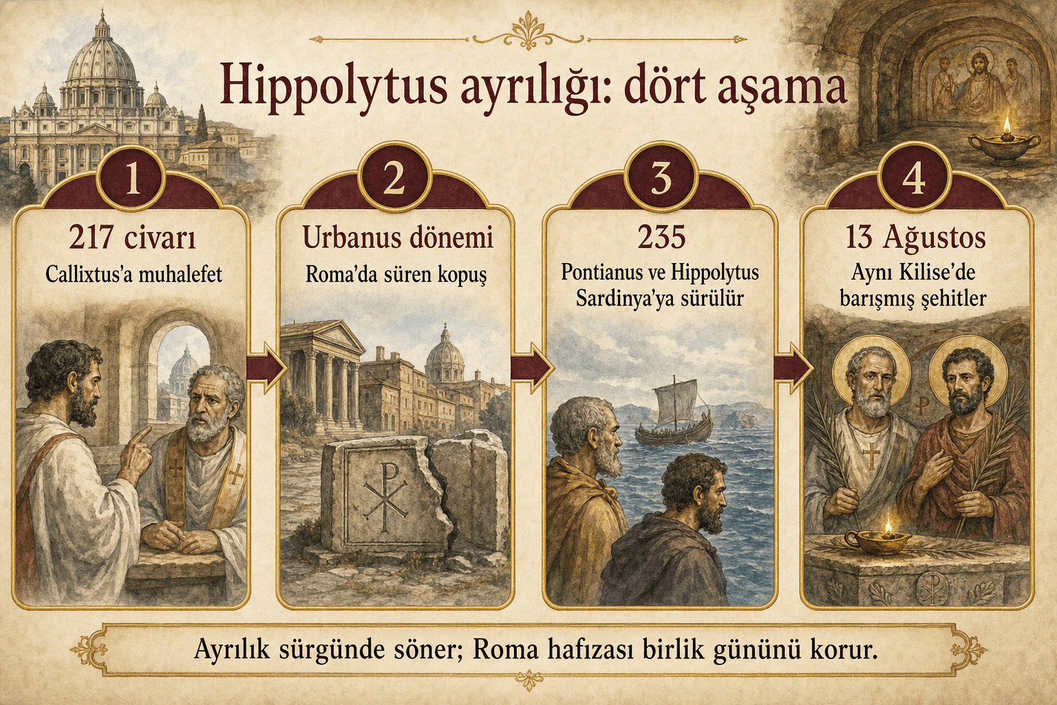 Callixtus'un itirazından 13 Ağustos ortak anısına kadar Hippolytus ayrılığının dört aşamalı infografiği