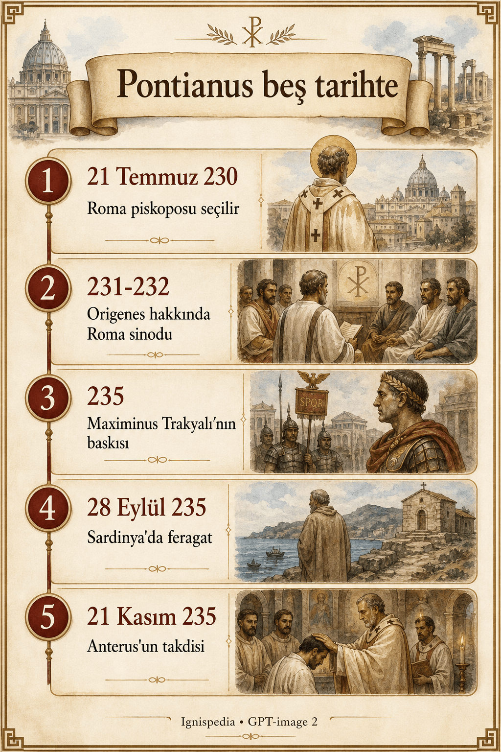 Pontianus'un beş tarihi: 230'da seçilme, Origenes'e karşı sinod, Sardinya'ya sürgün, 28 Eylül 235'te feragat ve Anterus'un atanması