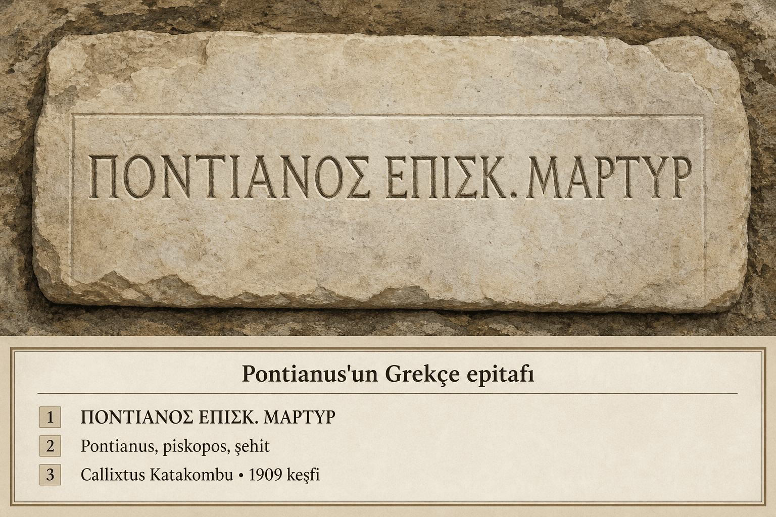 Pontianus'un Pontianos episkopos martyr yazılı Yunanca mezar yazıtının suluboya facsimilesi