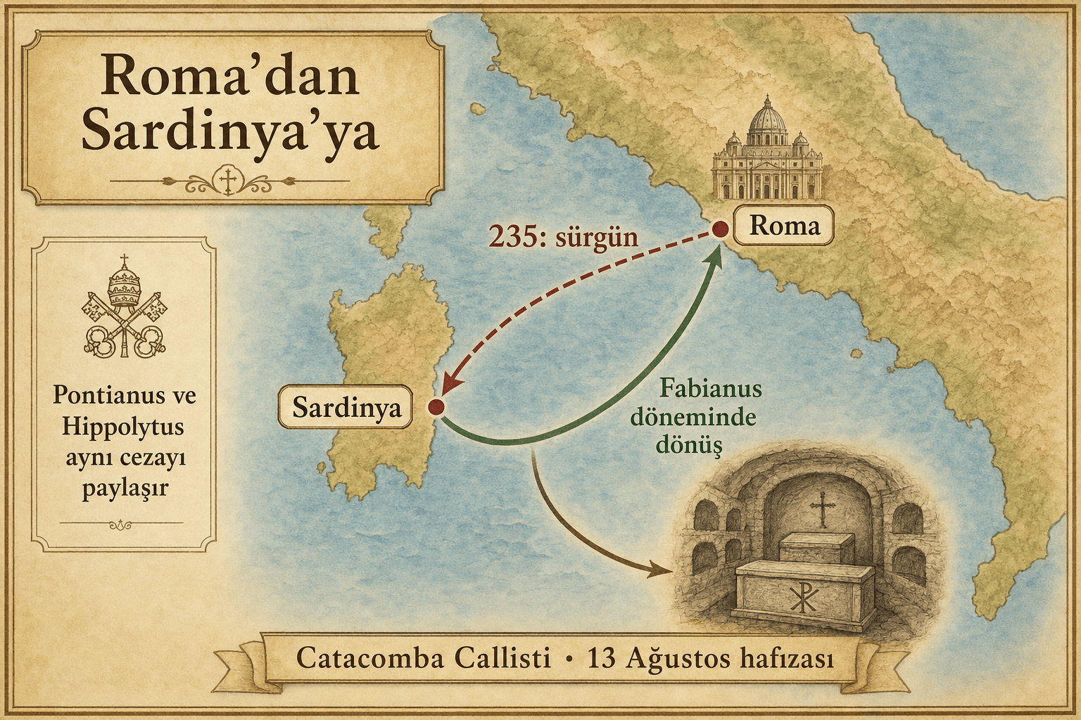 Pontianus ve Hippolytus'un sürgün yolunu ve Fabianus döneminde bedenlerin Roma’ya dönüşünü gösteren Roma-Sardinya tarih haritası