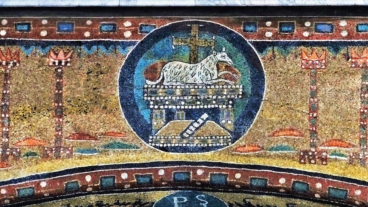 The Lamb of God on the throne, triumphal arch mosaic of Santa Prassede in Rome