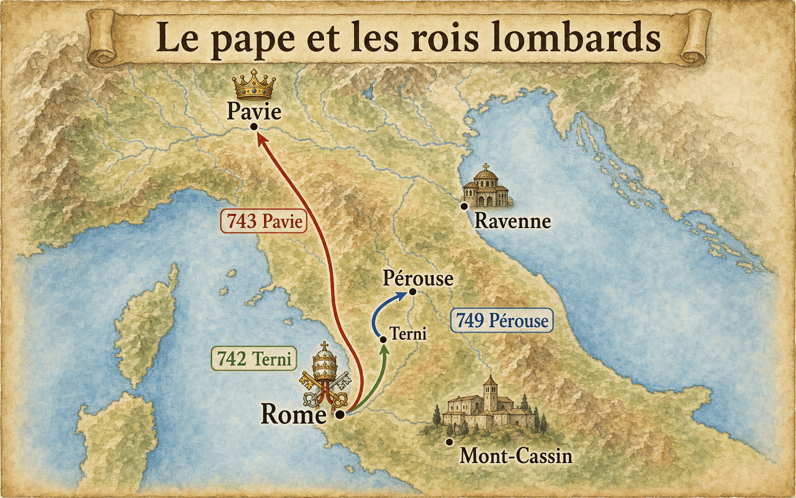 Carte de l'Italie centrale montrant Rome, Terni, Pavie, Pérouse, Ravenne et Mont-Cassin pendant les négociations de Zacharie avec les rois lombards