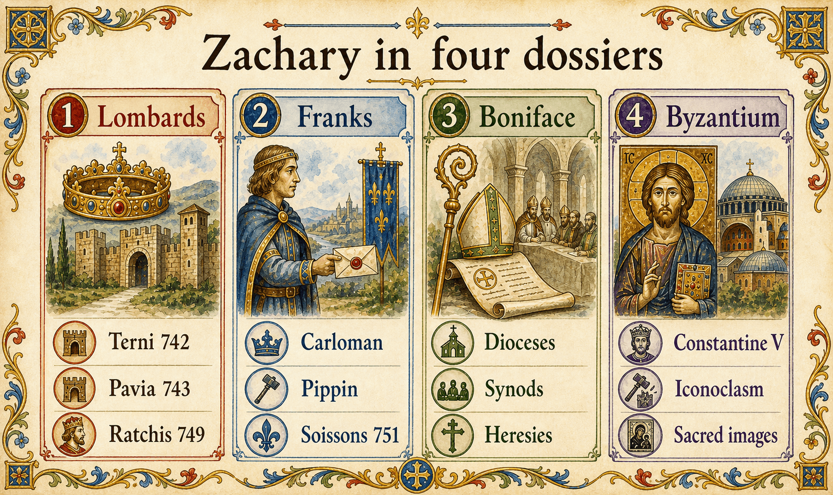 Infographic of Zachary’s four dossiers: Lombards, Franks, Boniface, and Byzantium