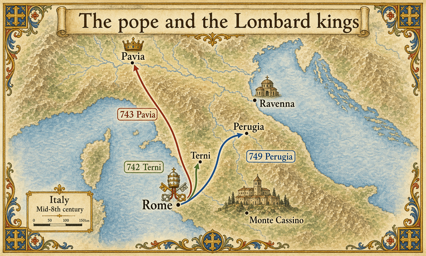 Map of central Italy showing Rome, Terni, Pavia, Perugia, Ravenna, and Monte Cassino during Zachary’s negotiations with the Lombard kings