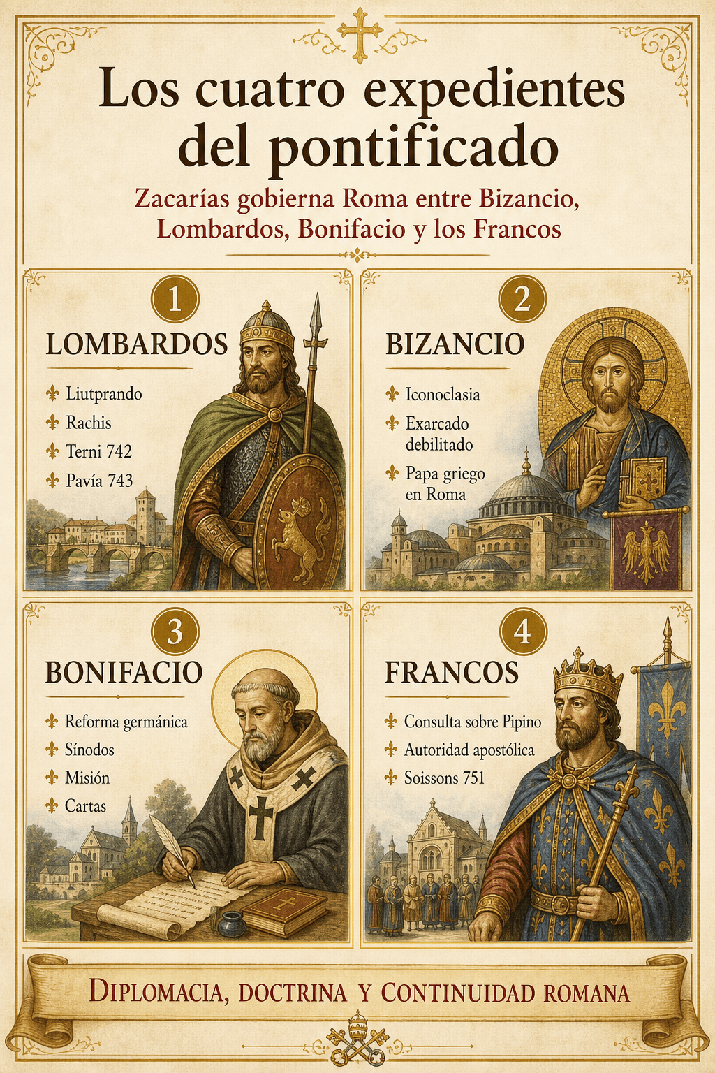 Infografía Zacarías en cuatro asuntos: lombardos, francos, Bonifacio y Bizancio