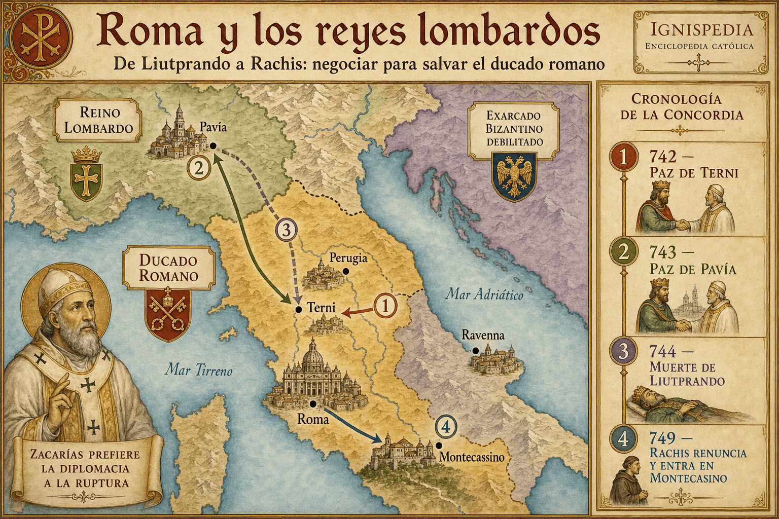 Mapa de la Italia central mostrando Roma, Terni, Pavía, Perugia, Rávena y Montecasino durante las negociaciones de Zacarías con los reyes lombardos