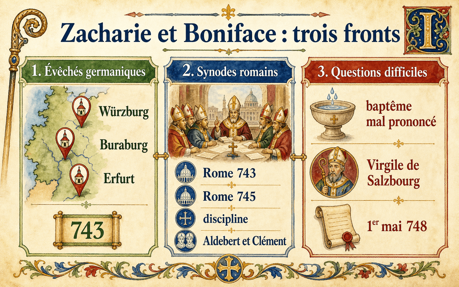 Infographie Zacharie et Boniface en trois fronts : évêchés germaniques, synodes romains et questions difficiles