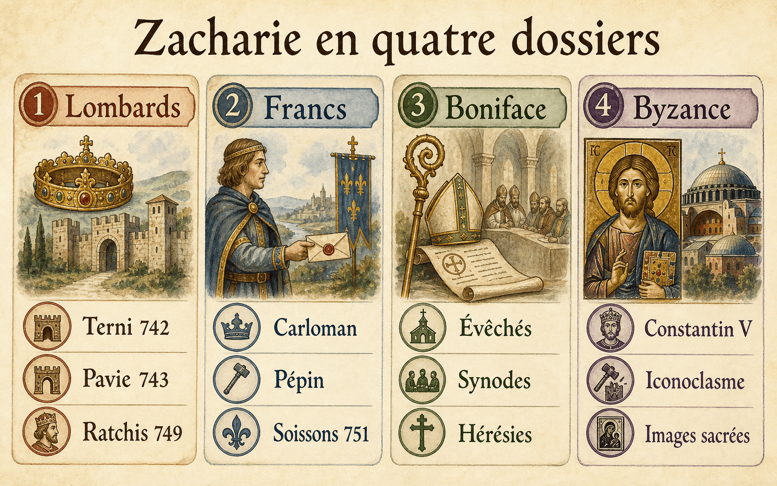 Infographie Zacharie en quatre dossiers : Lombards, Francs, Boniface et Byzance