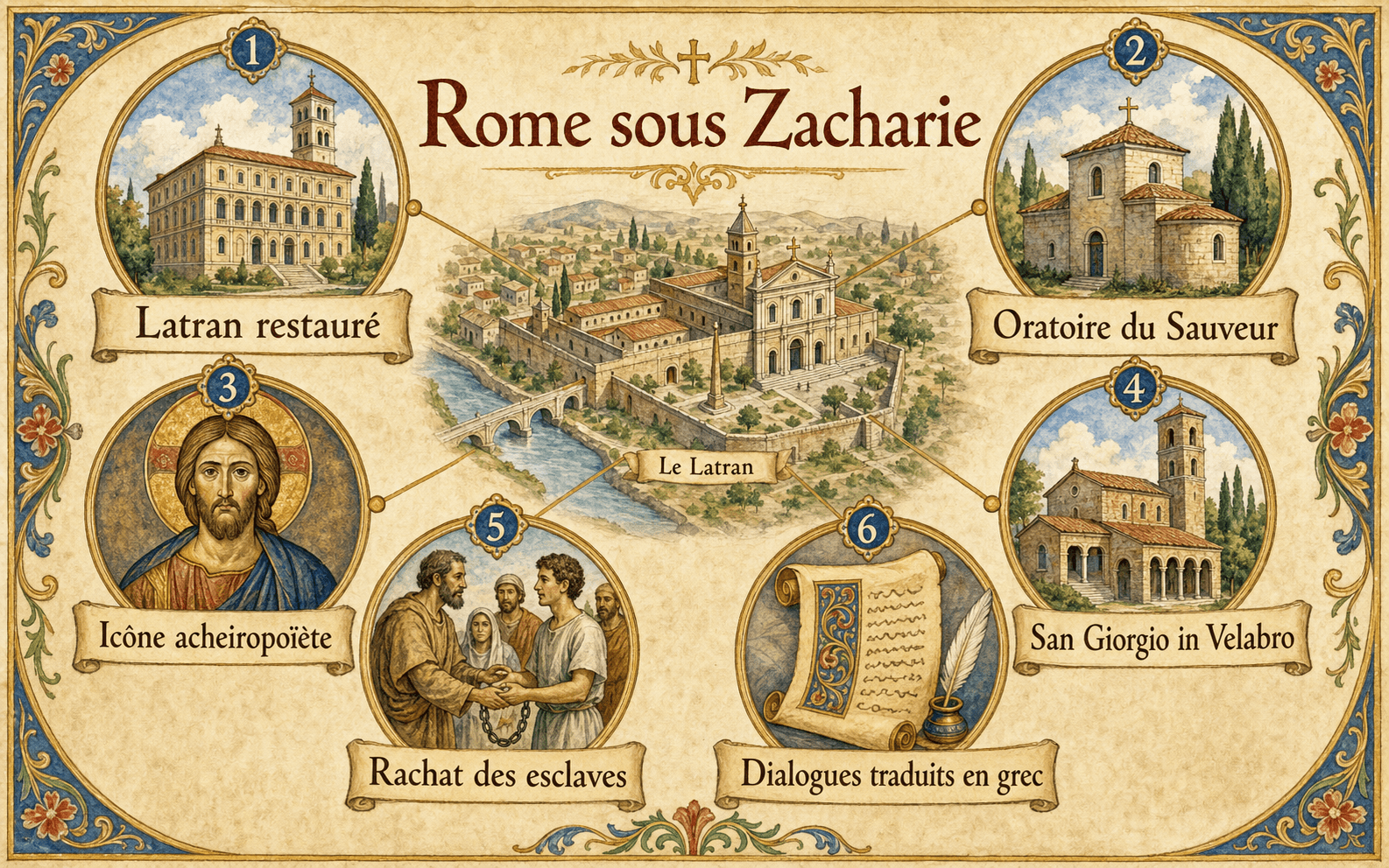 Infographie Rome sous Zacharie : Latran restauré, oratoire du Sauveur, icône acheiropoïète, San Giorgio in Velabro, rachat des esclaves et Dialogues traduits en grec