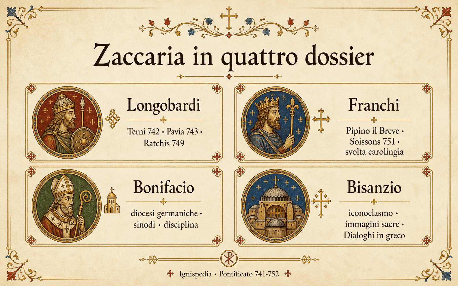 Infografica Zaccaria in quattro dossier: Longobardi, Franchi, Bonifacio e Bisanzio