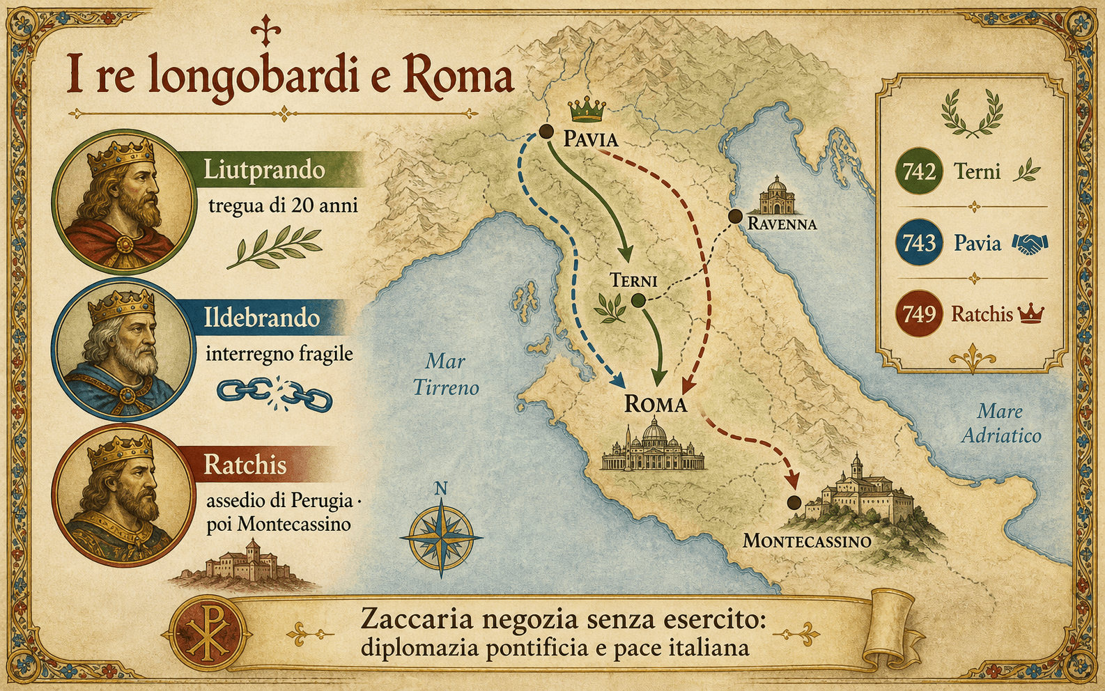 Carta dell’Italia centrale che mostra Roma, Terni, Pavia, Perugia, Ravenna e Montecassino durante le trattative di Zaccaria con i re longobardi
