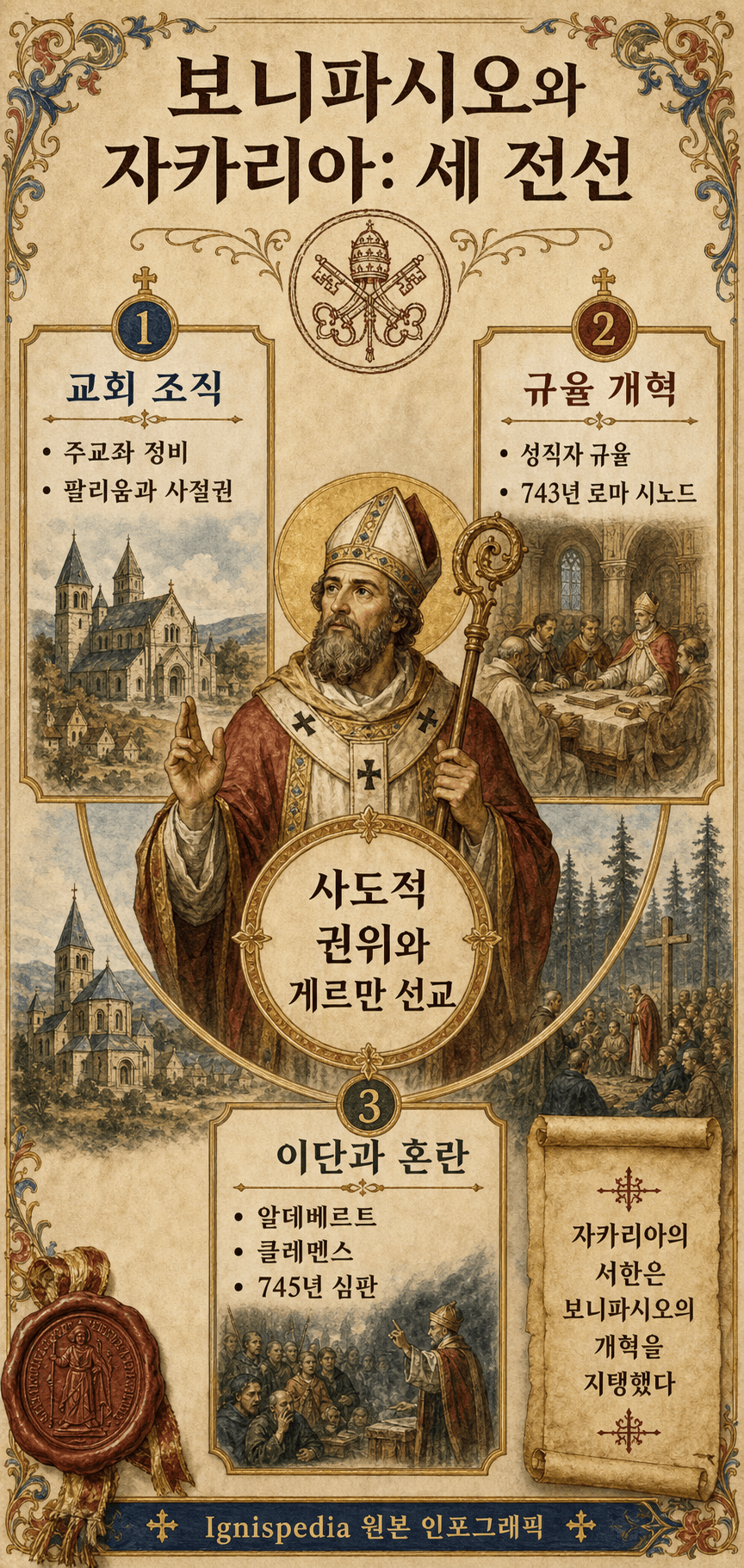 게르만 주교좌, 로마 시노드, 어려운 질문이라는 세 전선에서 자카리아와 보니파시오를 보여 주는 인포그래픽