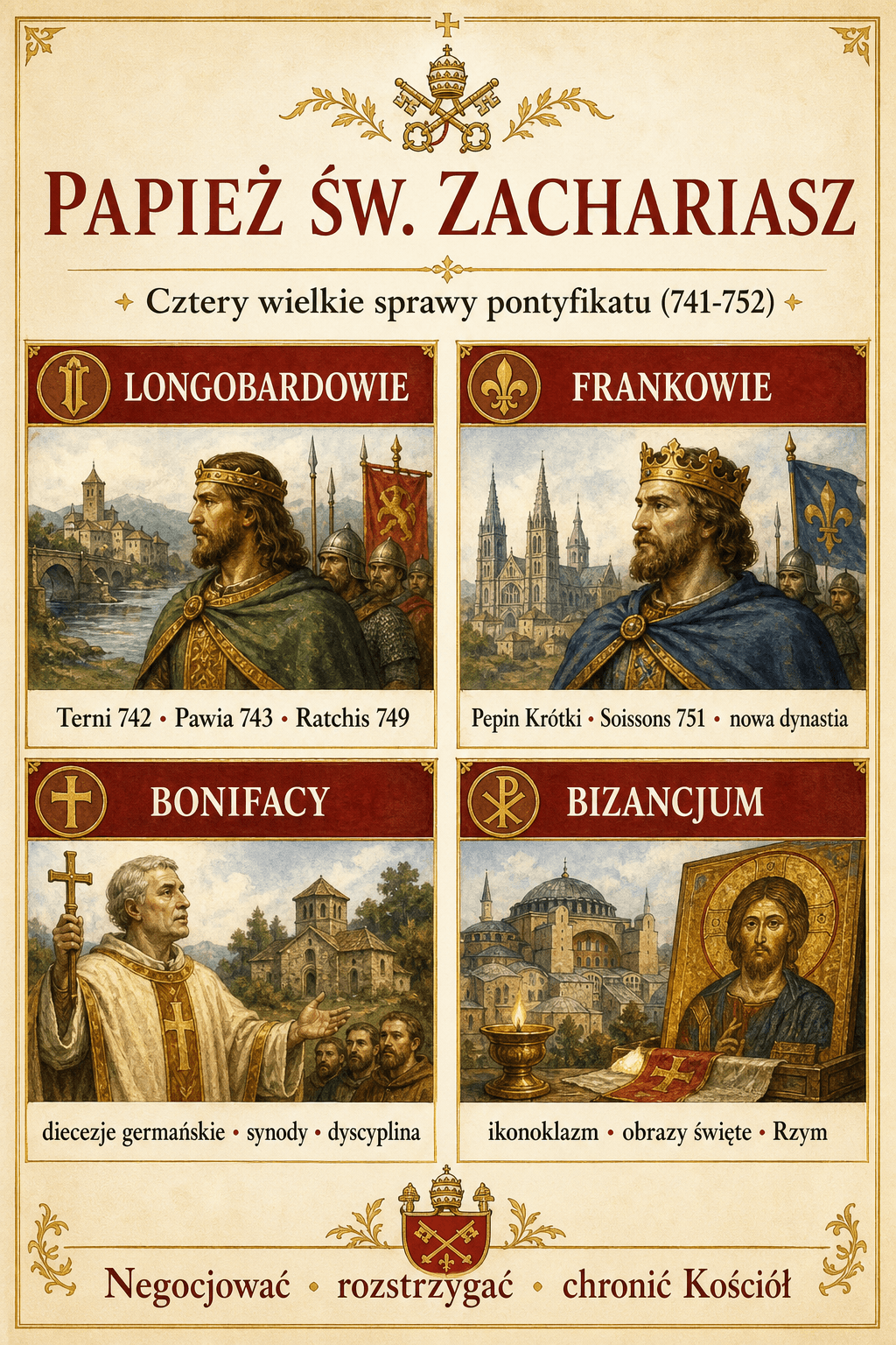 Infografika Zachariasza w czterech sprawach: Longobardowie, Frankowie, Bonifacy i Bizancjum